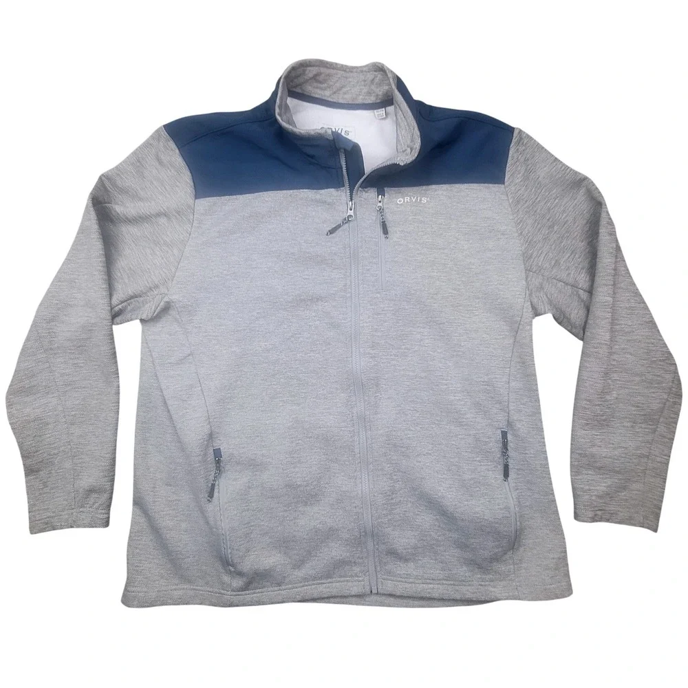Orvis Mens XXL Full Zip Performance Jacket Gray Navy Blue Colorblock Mock Neck‎